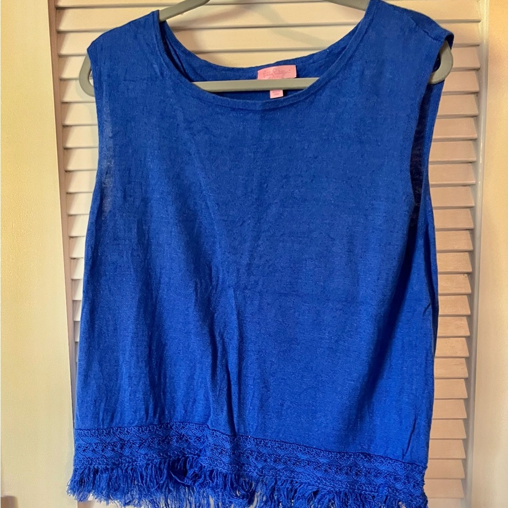 Lilly Pulitzer crisscross open back sleeveless sweater fringe bottom Large EUC